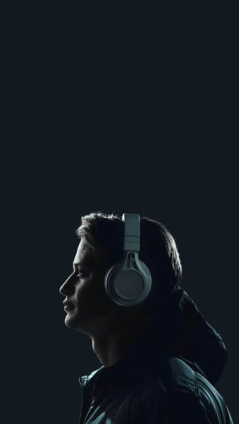 A man in profile wearing over-ear headphones against a dark background