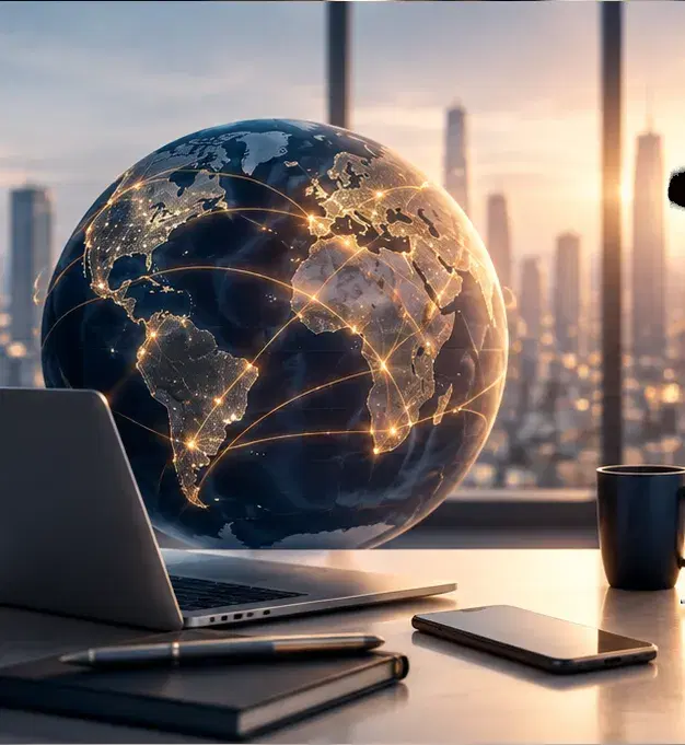 A globe traced with routes between continents, standing on a desk above a city at dawn.