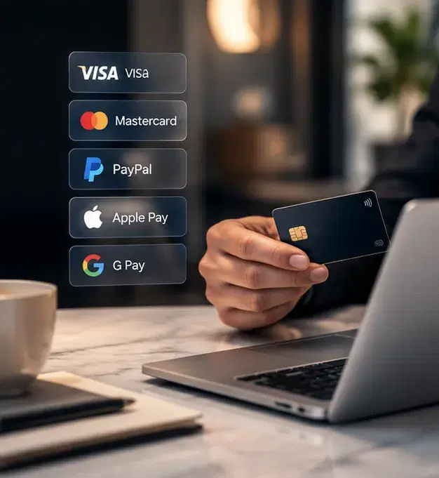 A card held over a laptop at a checkout, beside a stack of payment-method badges.